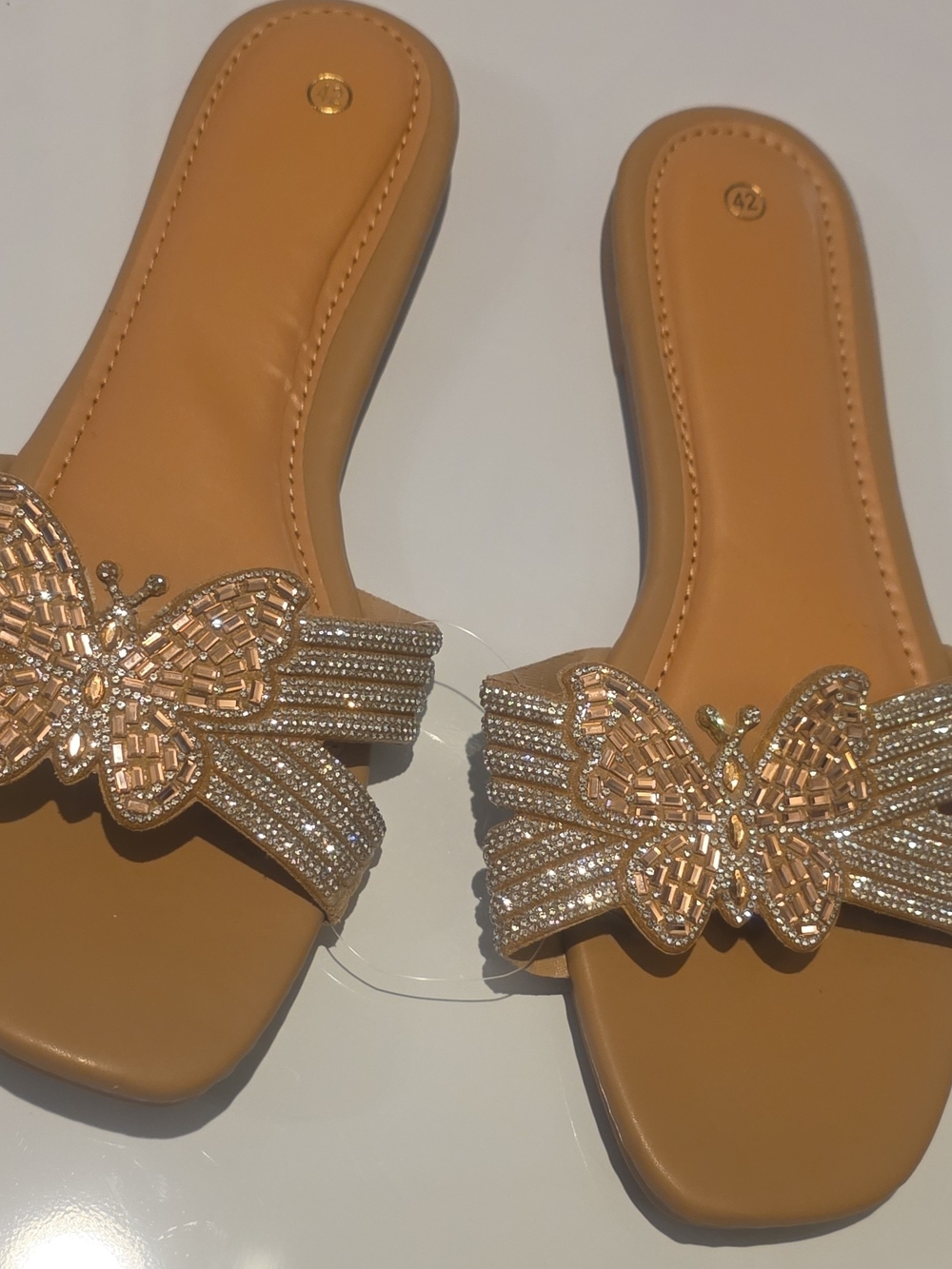 Embellished Butterfly Slide Sandals - Tan
